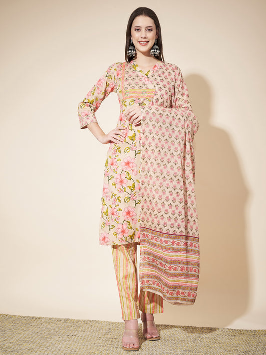 Beige Printed Straight Cotton Kurta Set