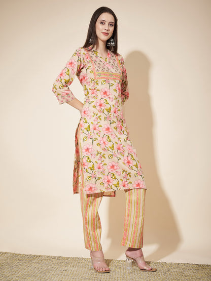 Beige Printed Straight Cotton Kurta Set