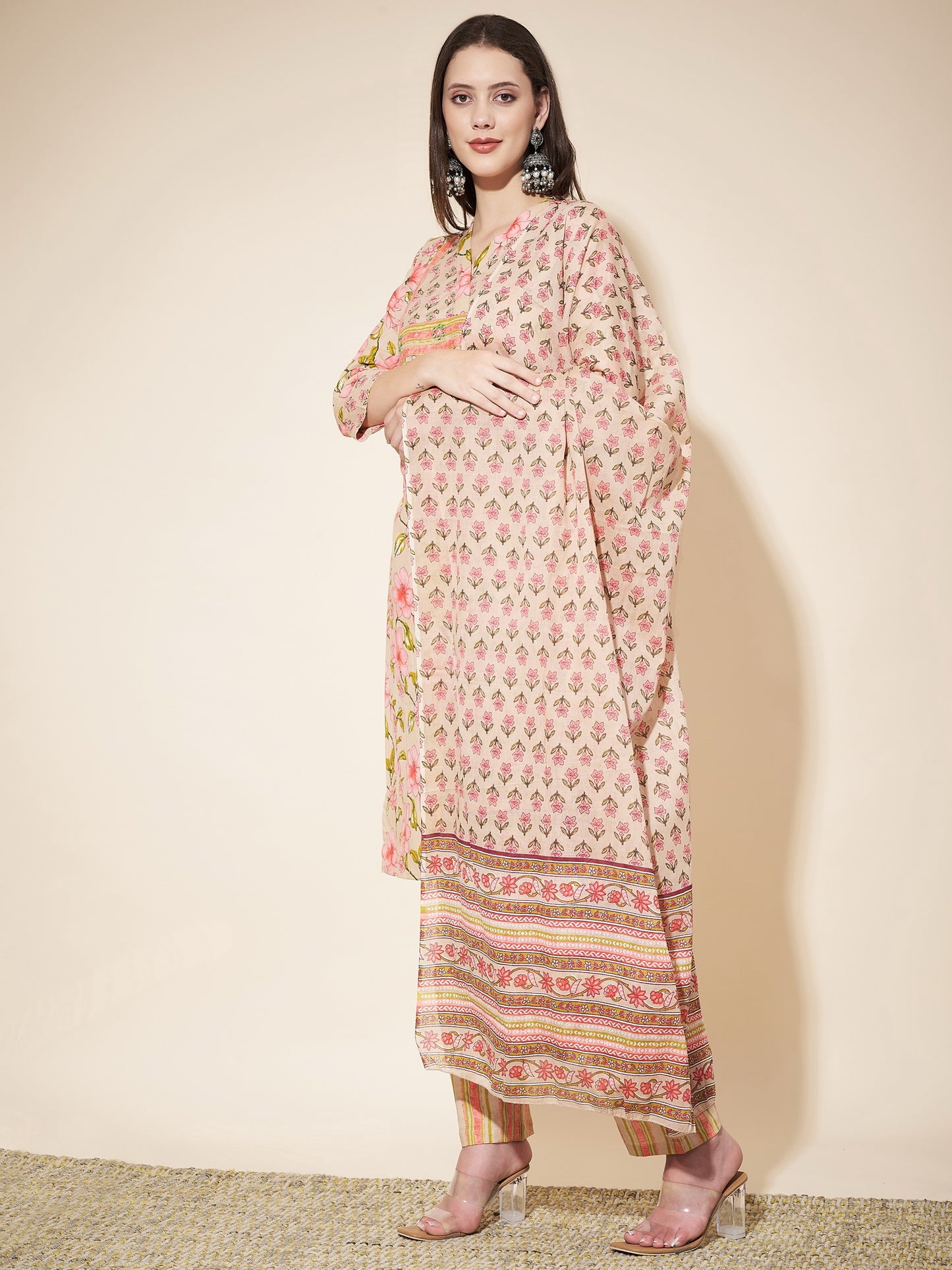 Beige Printed Straight Cotton Kurta Set