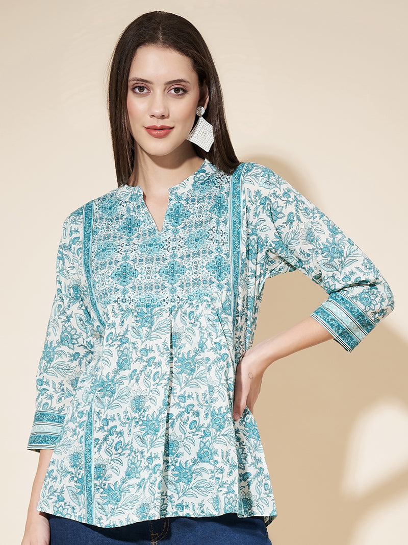 Sky Blue Cotton floral Printed Top
