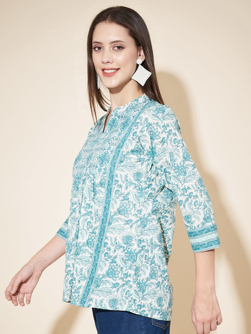 Sky Blue Cotton floral Printed Top
