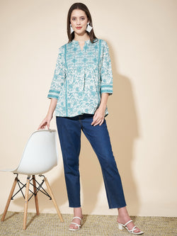 Sky Blue Cotton floral Printed Top