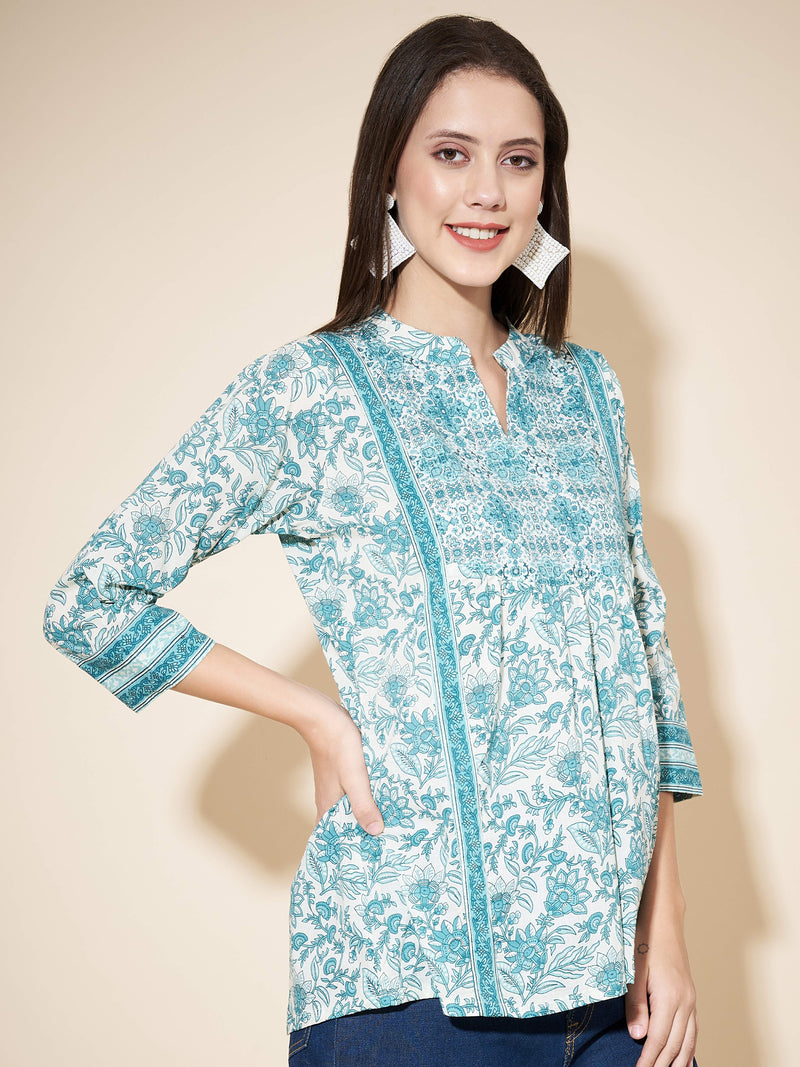 Sky Blue Cotton floral Printed Top