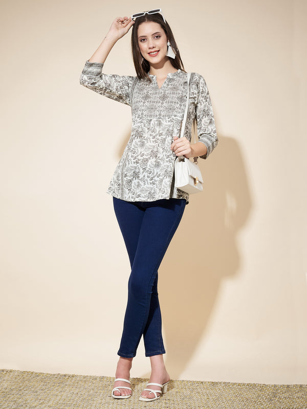 Beige Cotton floral Printed Top