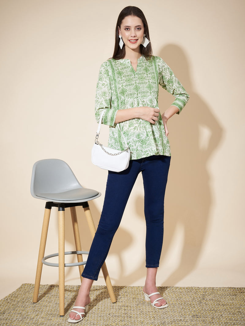 Mint Green Cotton floral Printed Top