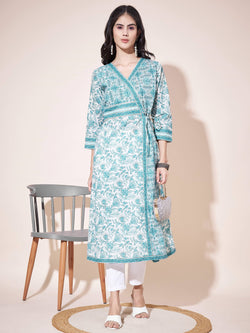 Sky-blue A-Line Cotton printed Kurta