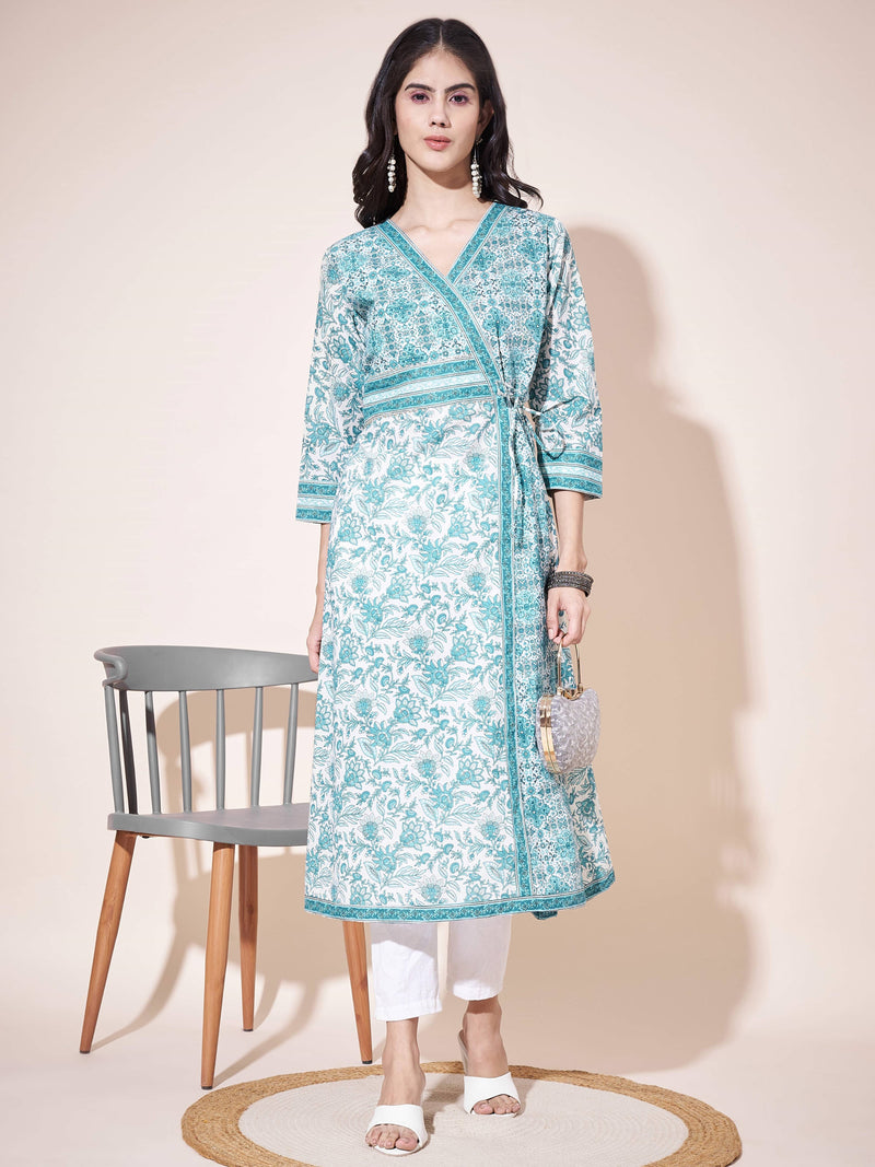 Sky-blue A-Line Cotton printed Kurta