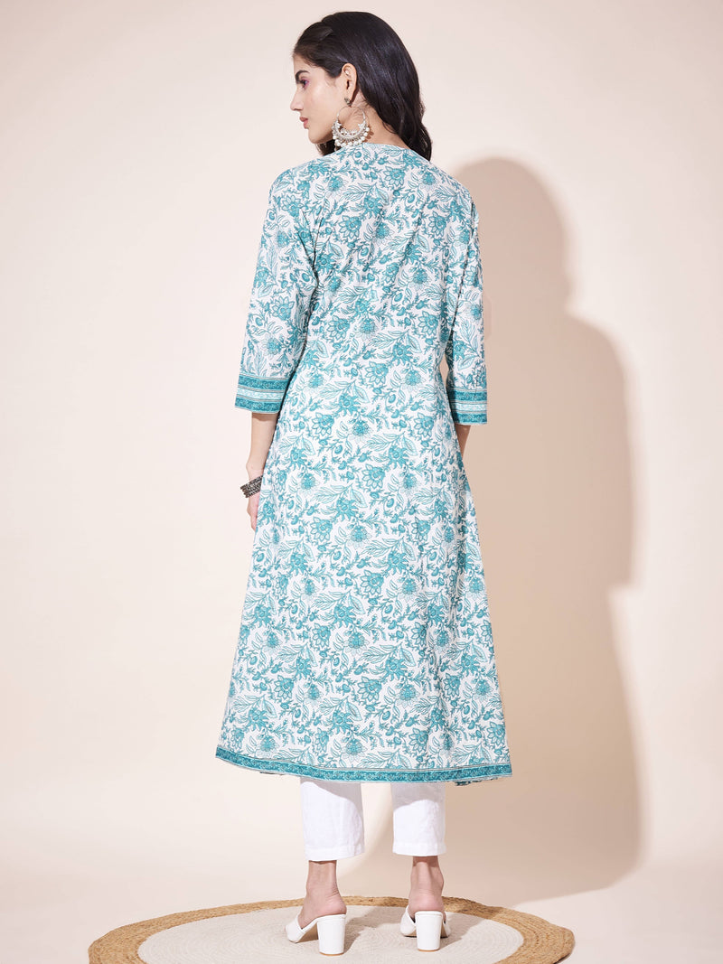 Sky-blue A-Line Cotton printed Kurta