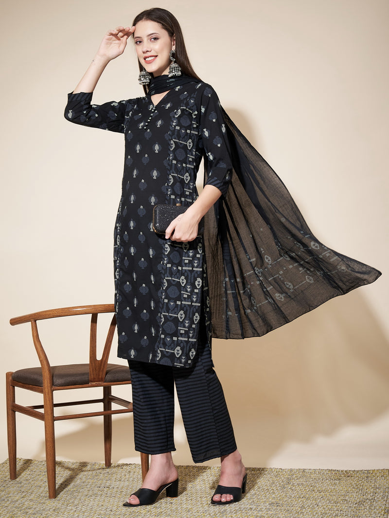 Black Printed Straight Cotton Kurta Set