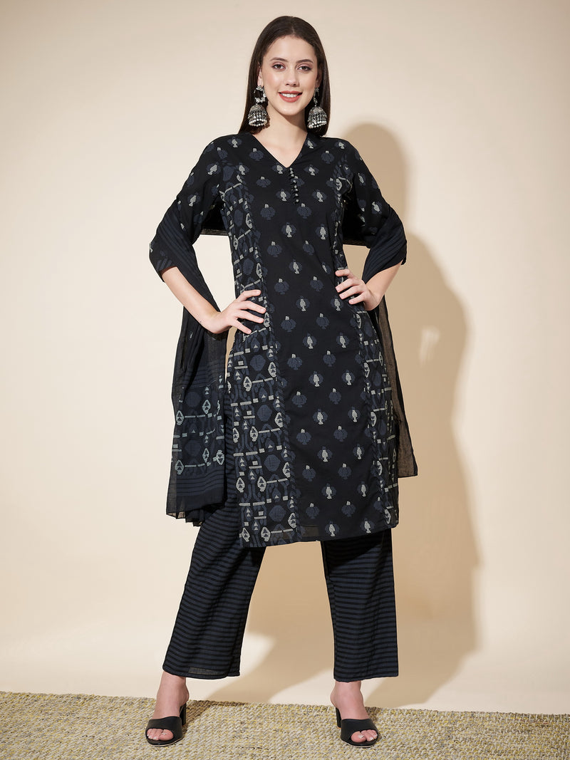 Black Printed Straight Cotton Kurta Set