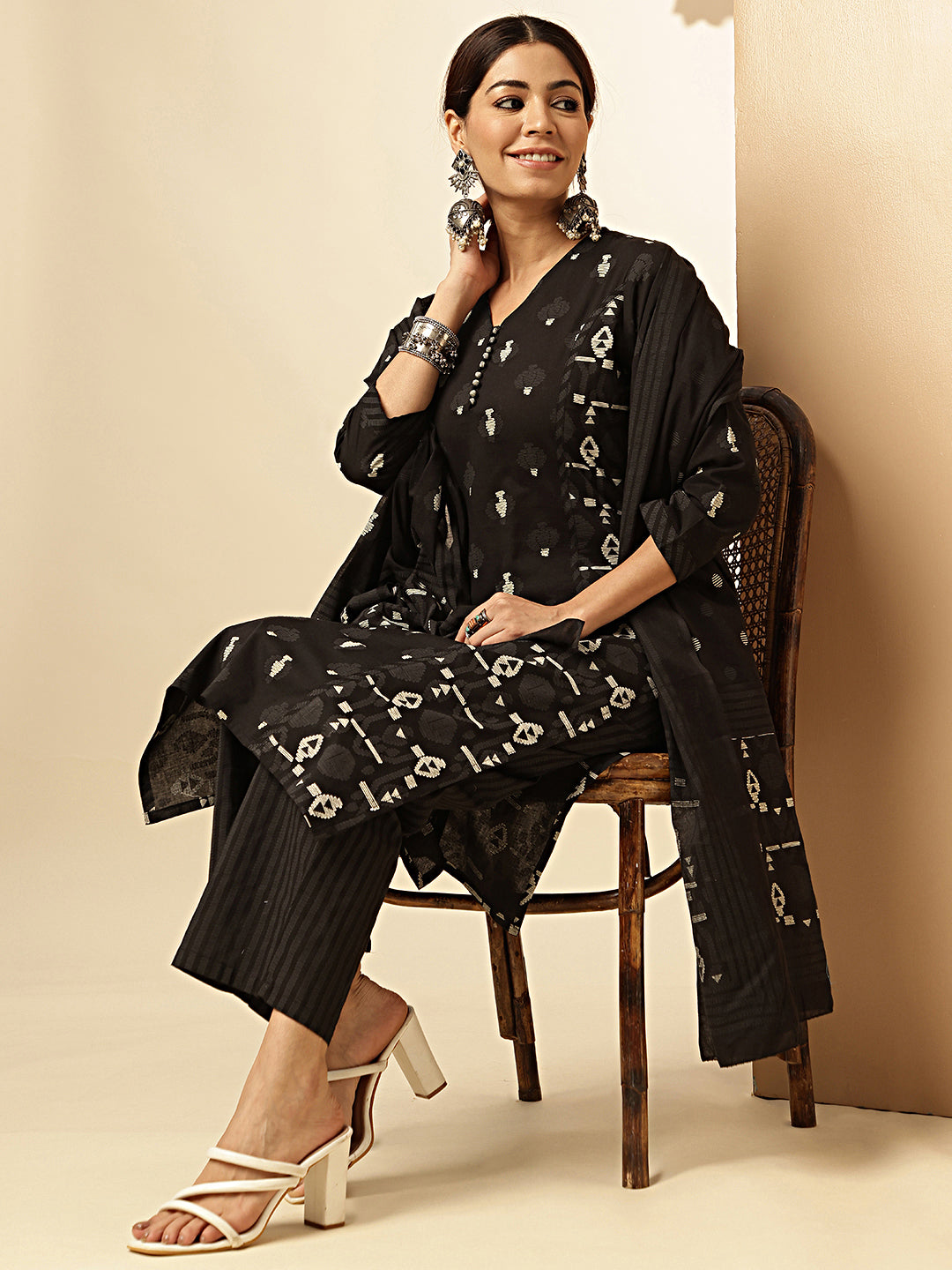 Black Printed Straight Cotton Stitched Kurta Set