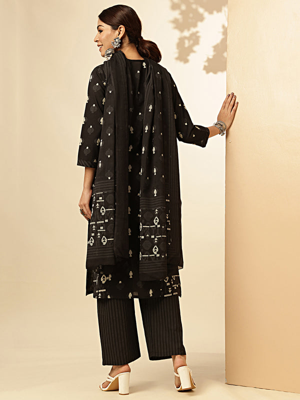 Printed Straight Cotton Black Stitched Kurta Pant With Dupatta