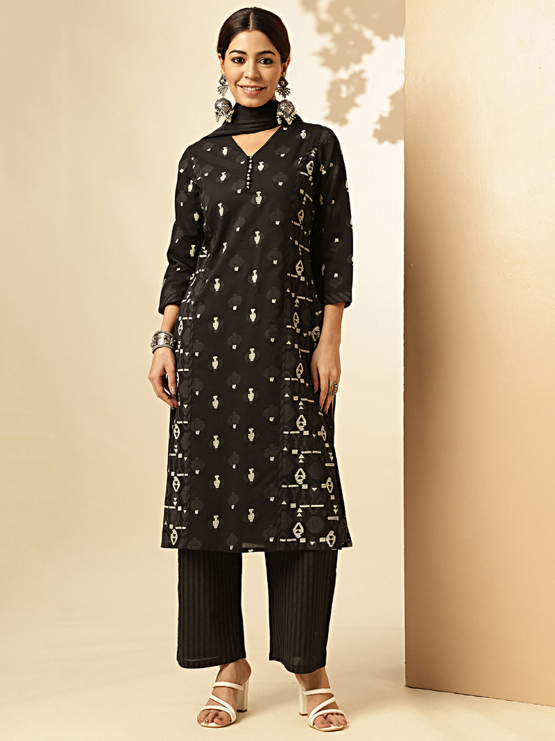 Black Printed Straight Cotton Stitched Kurta Set