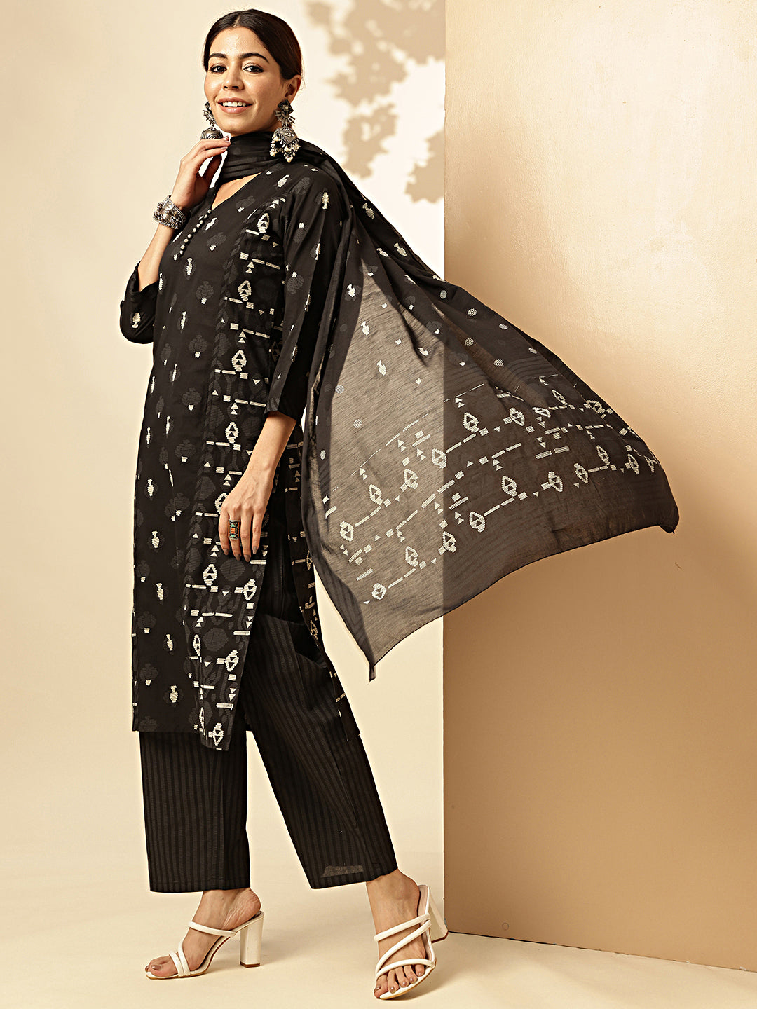 Black Printed Straight Cotton Stitched Kurta Set