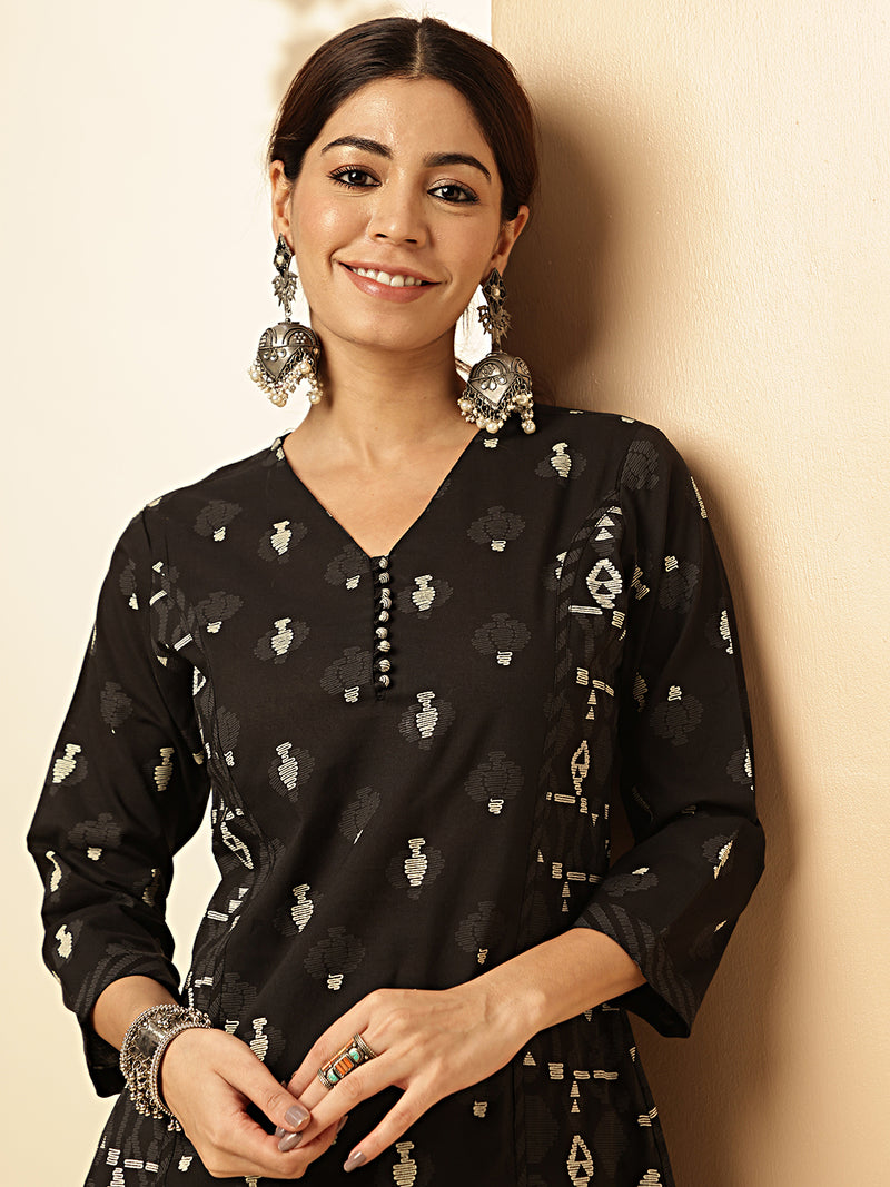 Black Printed Straight Cotton Stitched Kurta Set