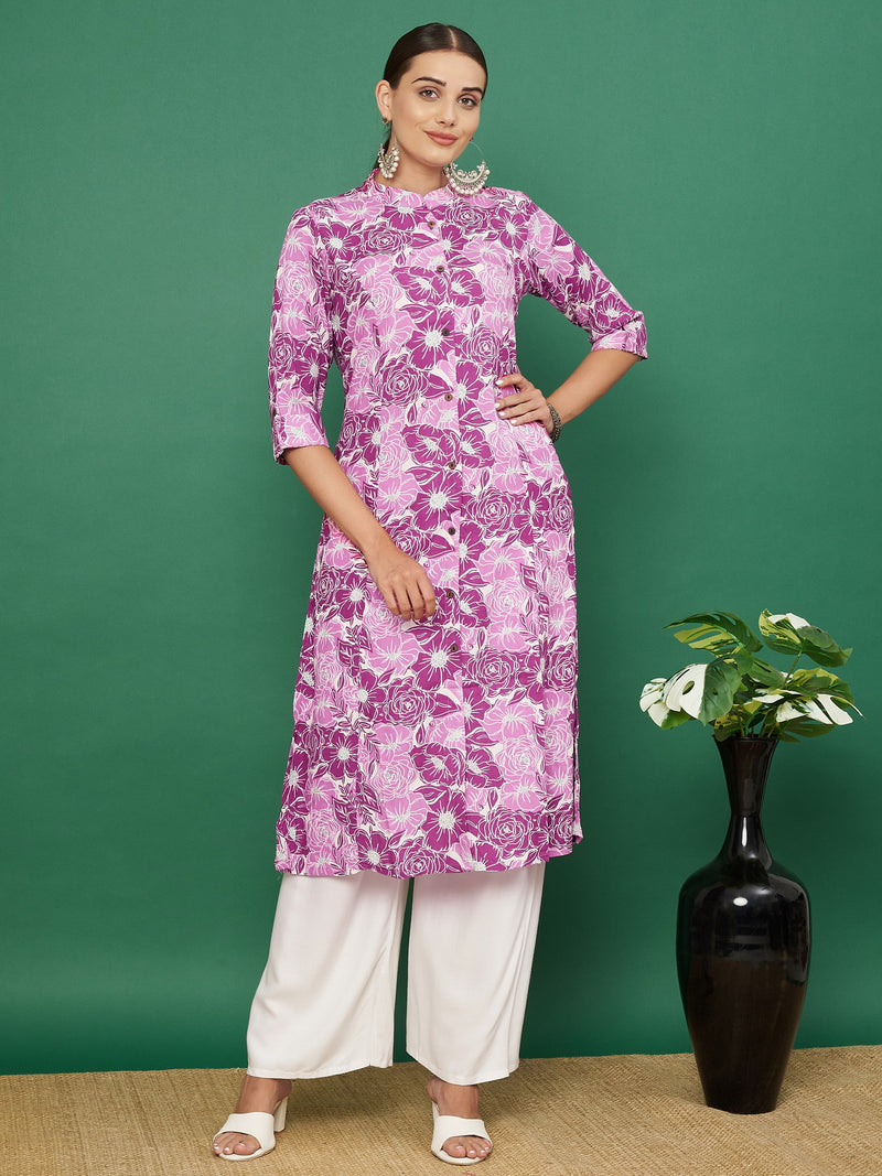 Rani-Pink Rayon Printed Kurta