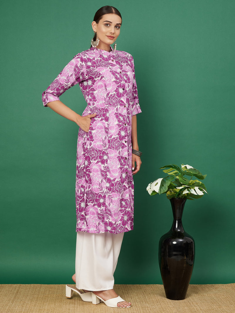 Rani-Pink Rayon Printed Kurta