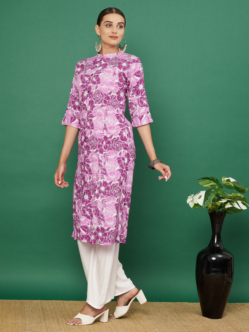 Rani-Pink Rayon Printed Kurta