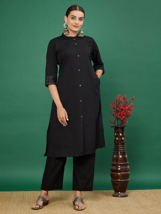 Black A-line Cotton Flex Kurta with Pant