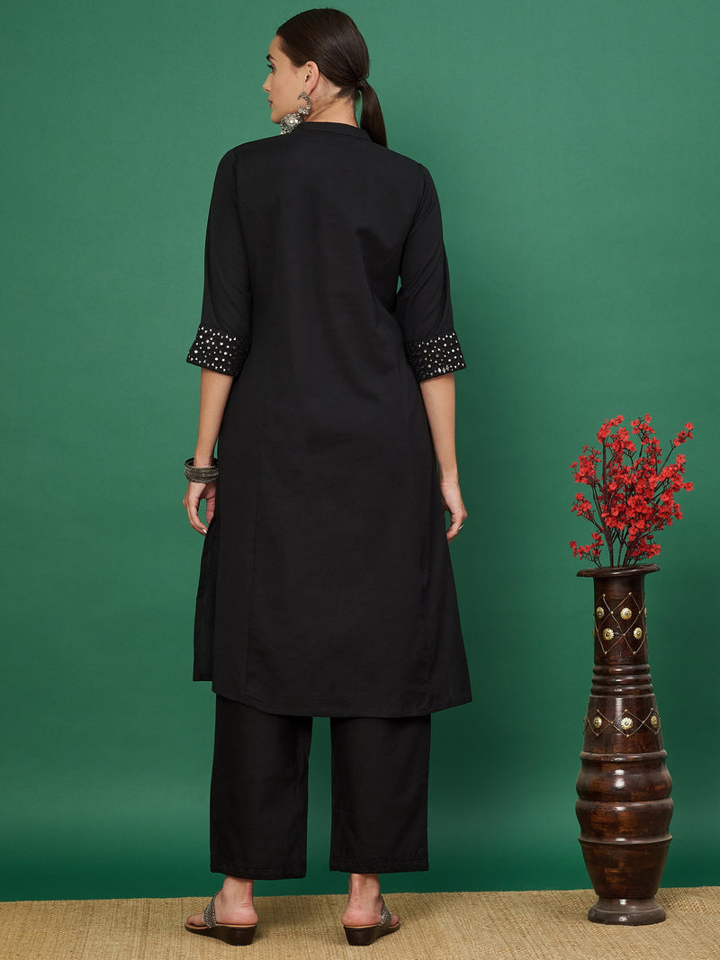 Black A-line Cotton Flex Kurta with Pant