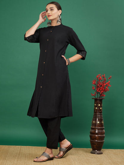 Black A-line Cotton Flex Kurta with Pant