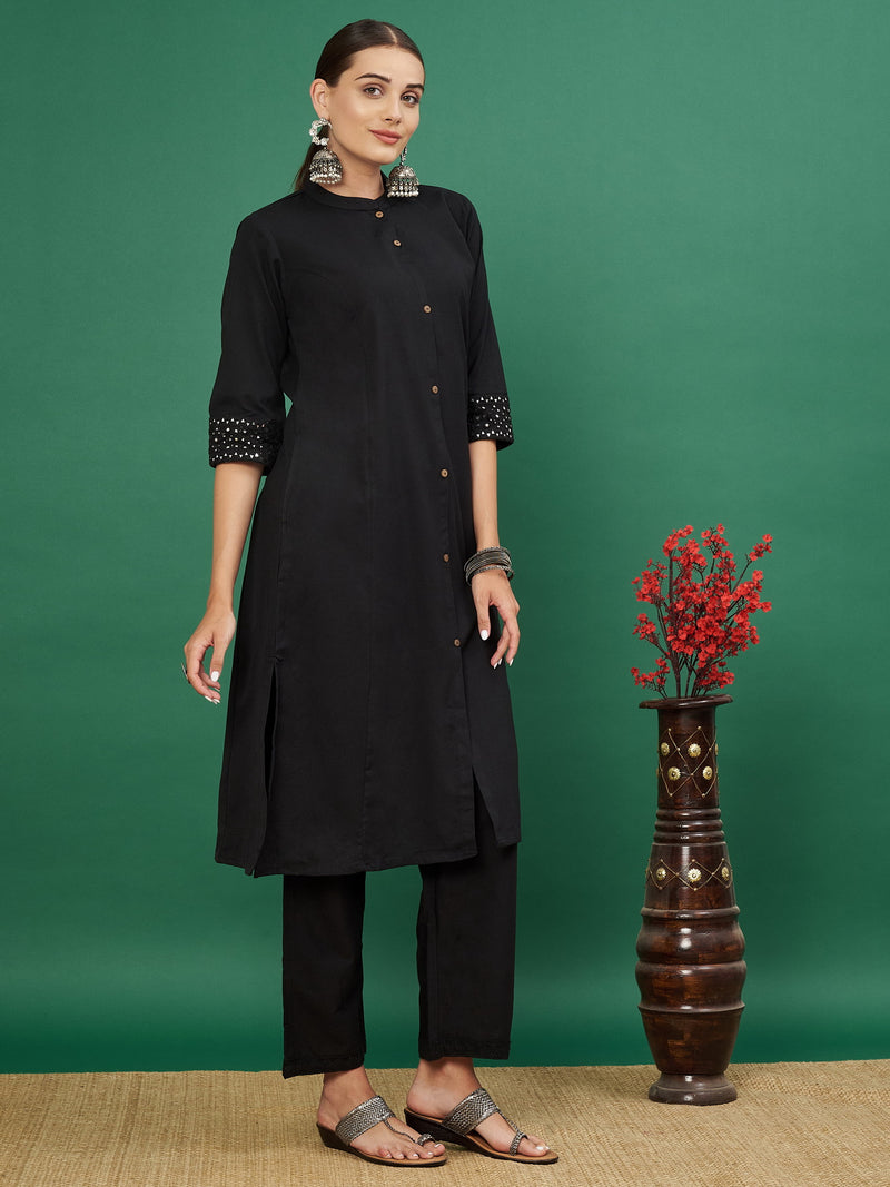 Black A-line Cotton Flex Kurta with Pant