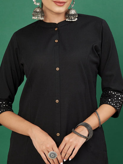 Black A-line Cotton Flex Kurta with Pant