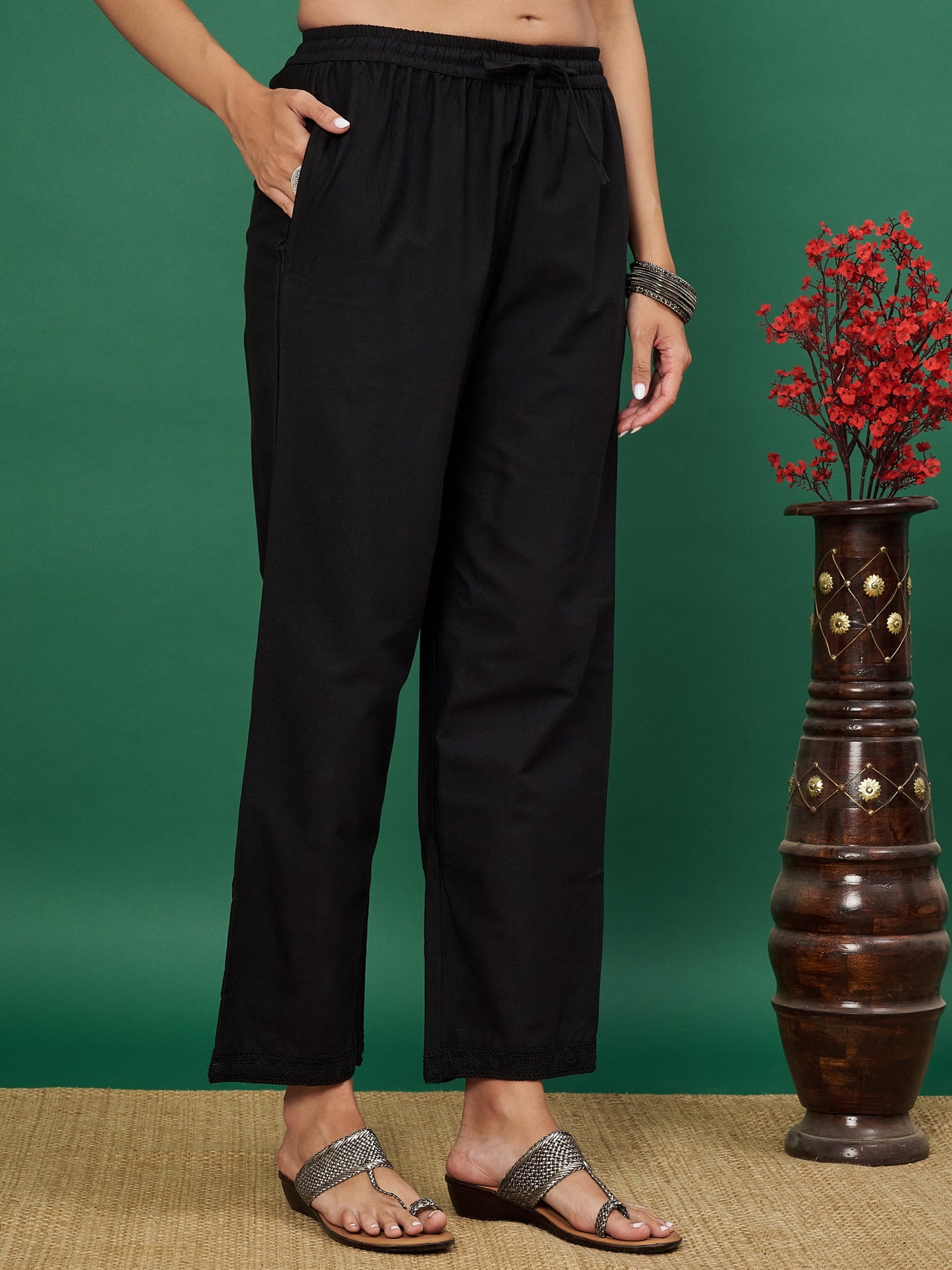 Black A-line Cotton Flex Kurta with Pant