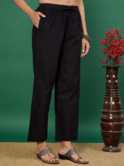 Black A-line Cotton Flex Kurta with Pant