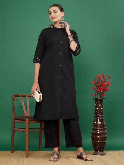 Black A-line Cotton Flex Kurta with Pant