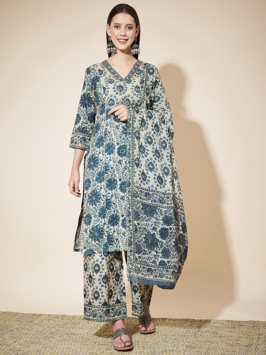 Aqua Blue Printed Straight Cotton Kurta Set