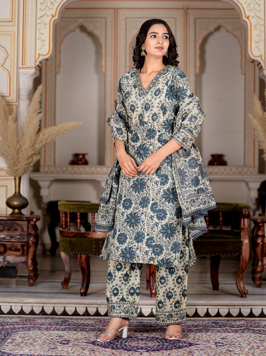 Aqua Floral Printed Straight Cotton Kurta Set