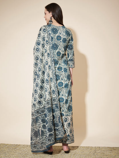 Aqua Blue Printed Straight Cotton Kurta Set