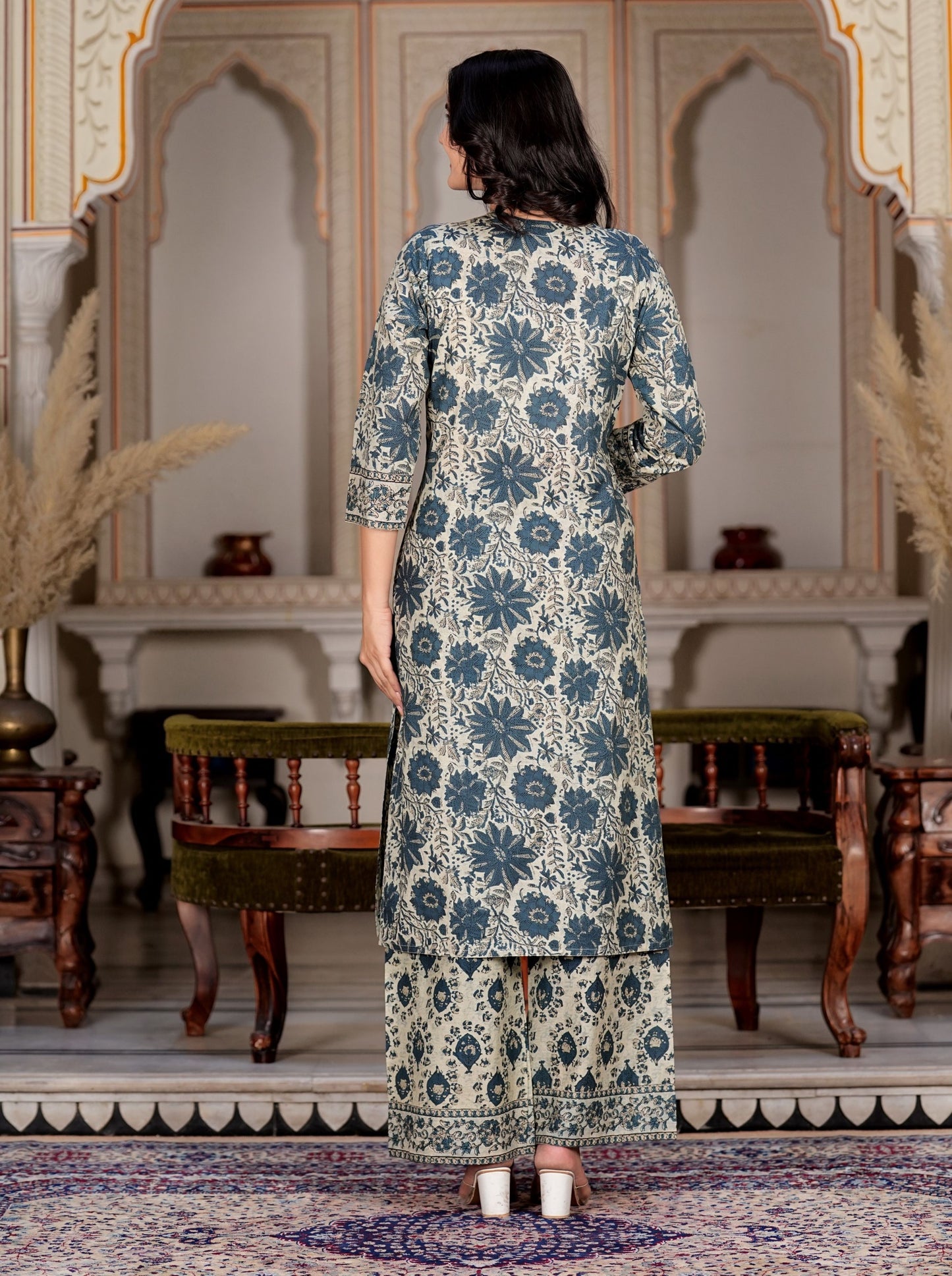 Aqua Floral Printed Straight Cotton Kurta Set