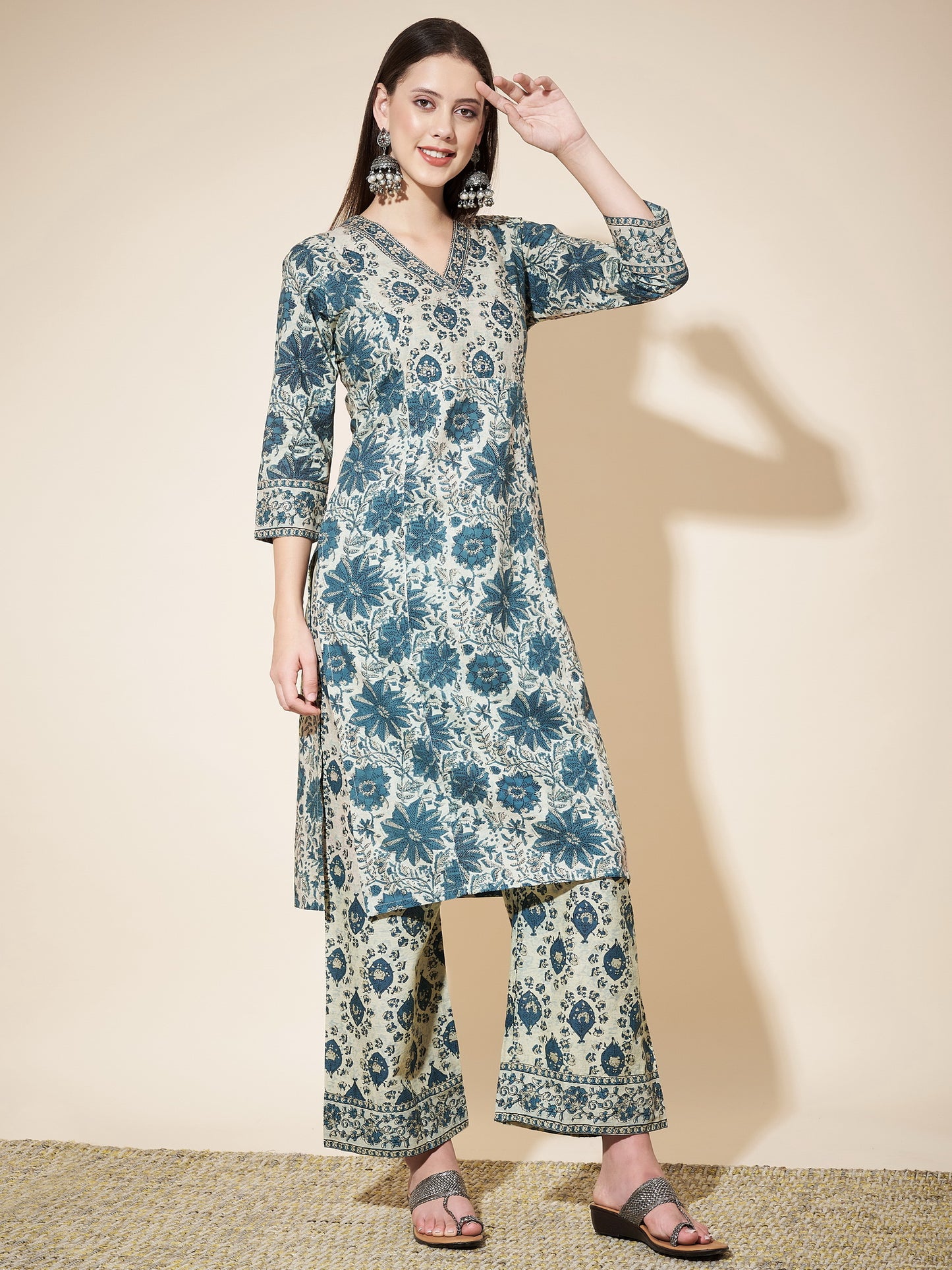 Aqua Blue Printed Straight Cotton Kurta Set