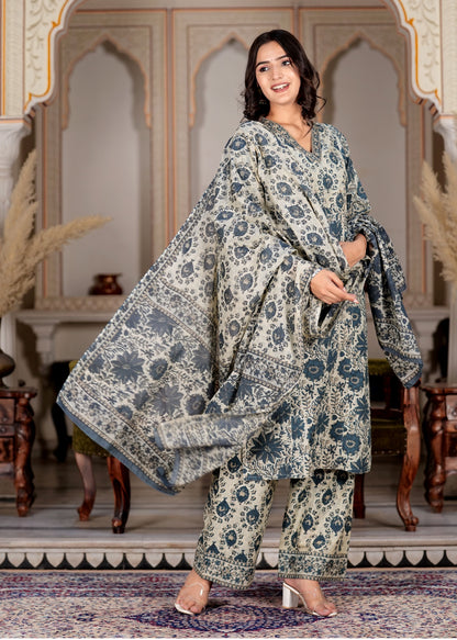 Aqua Floral Printed Straight Cotton Kurta Set