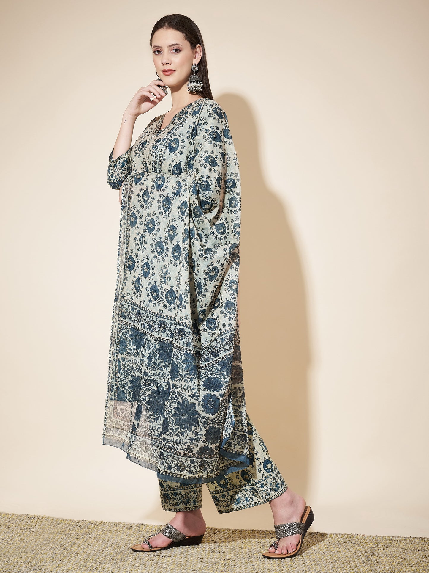 Aqua Blue Printed Straight Cotton Kurta Set