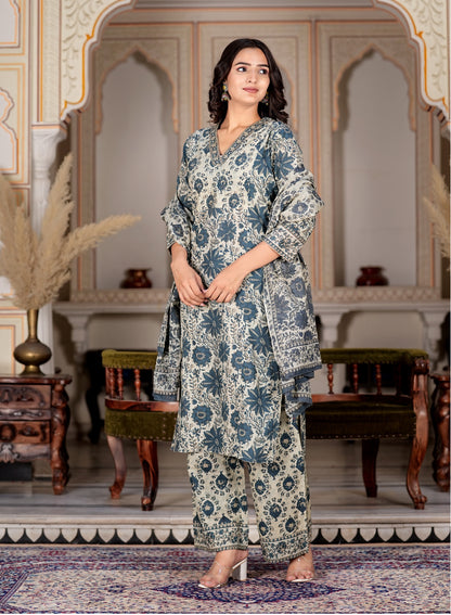 Aqua Floral Printed Straight Cotton Kurta Set