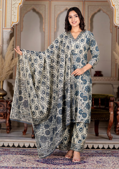 Aqua Floral Printed Straight Cotton Kurta Set