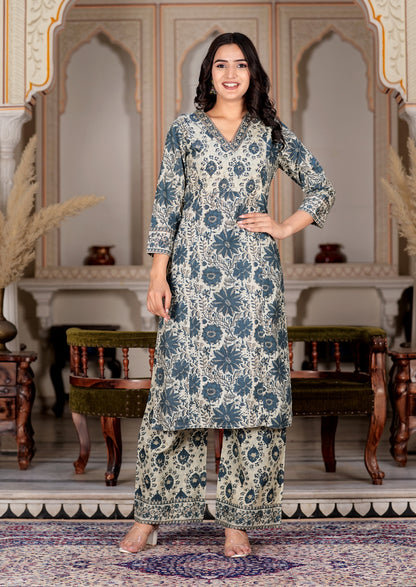 Aqua Floral Printed Straight Cotton Kurta Set