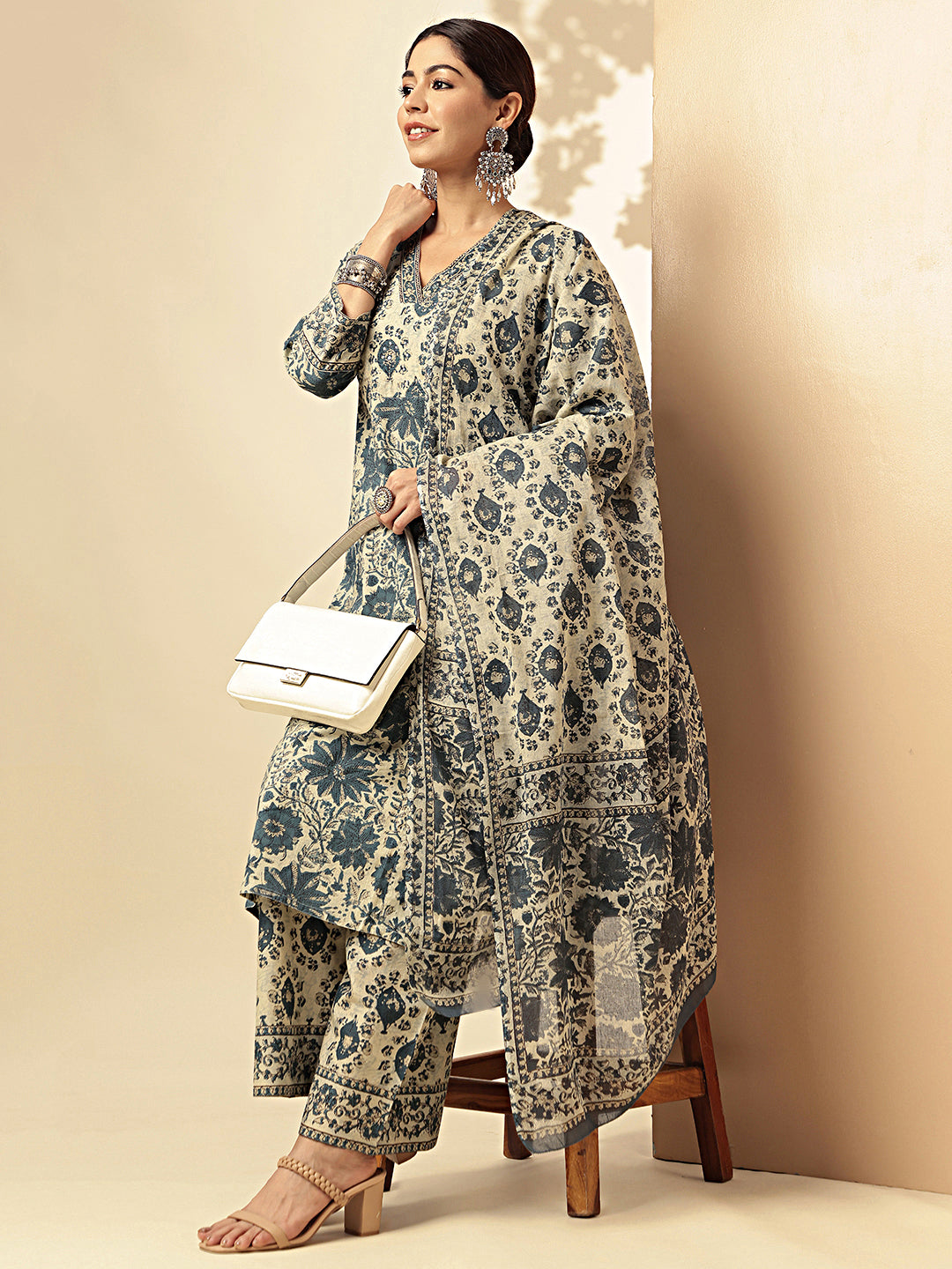 Aqua Blue Floral Printed Straight Cotton Stitched Kurta Set