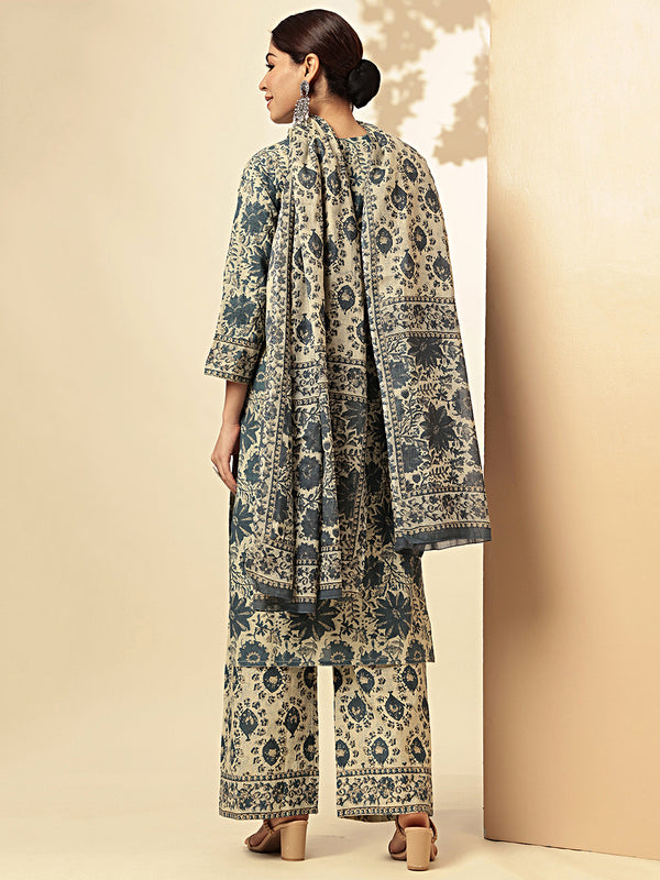 Floral Printed Straight Cotton Aqua Stitched Kurta Plazzo With Dupatta