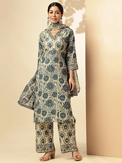 Aqua Blue Floral Printed Straight Cotton Stitched Kurta Set