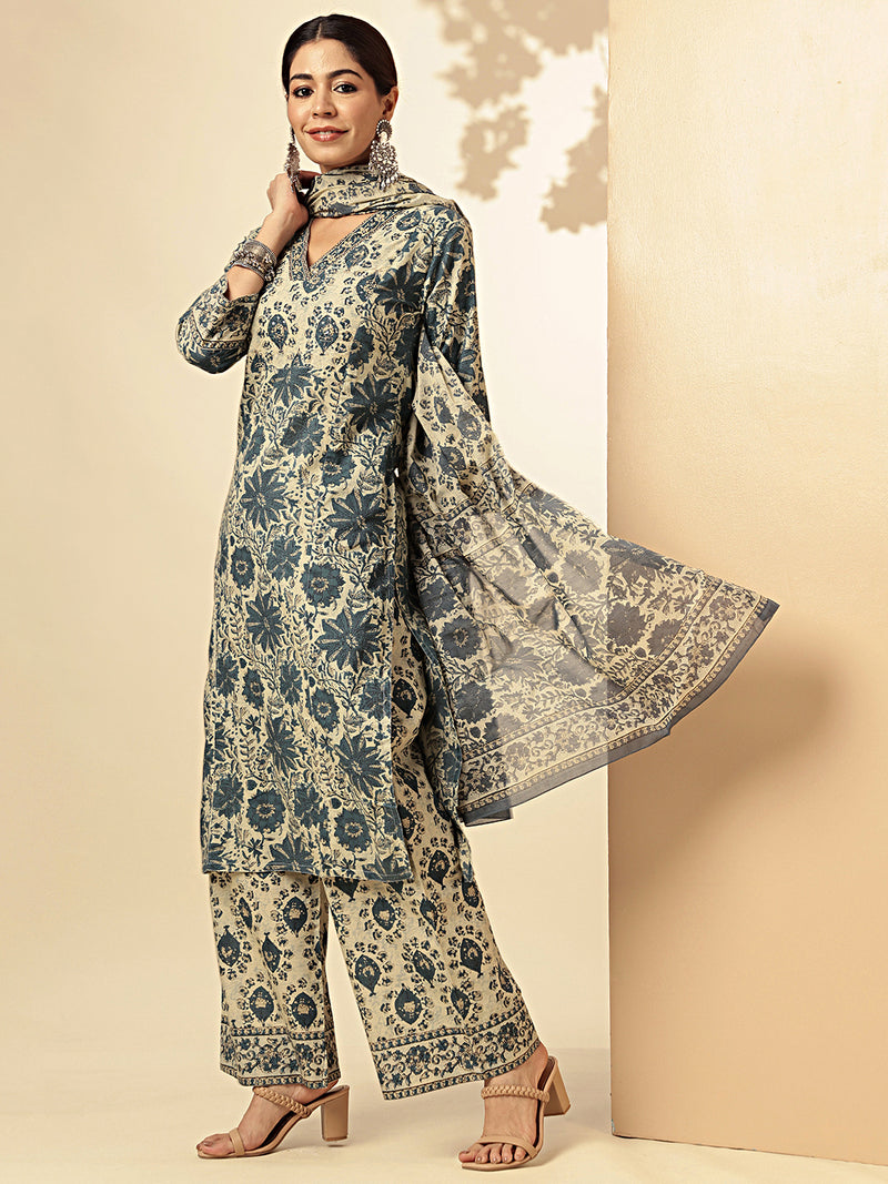 Aqua Blue Floral Printed Straight Cotton Stitched Kurta Set