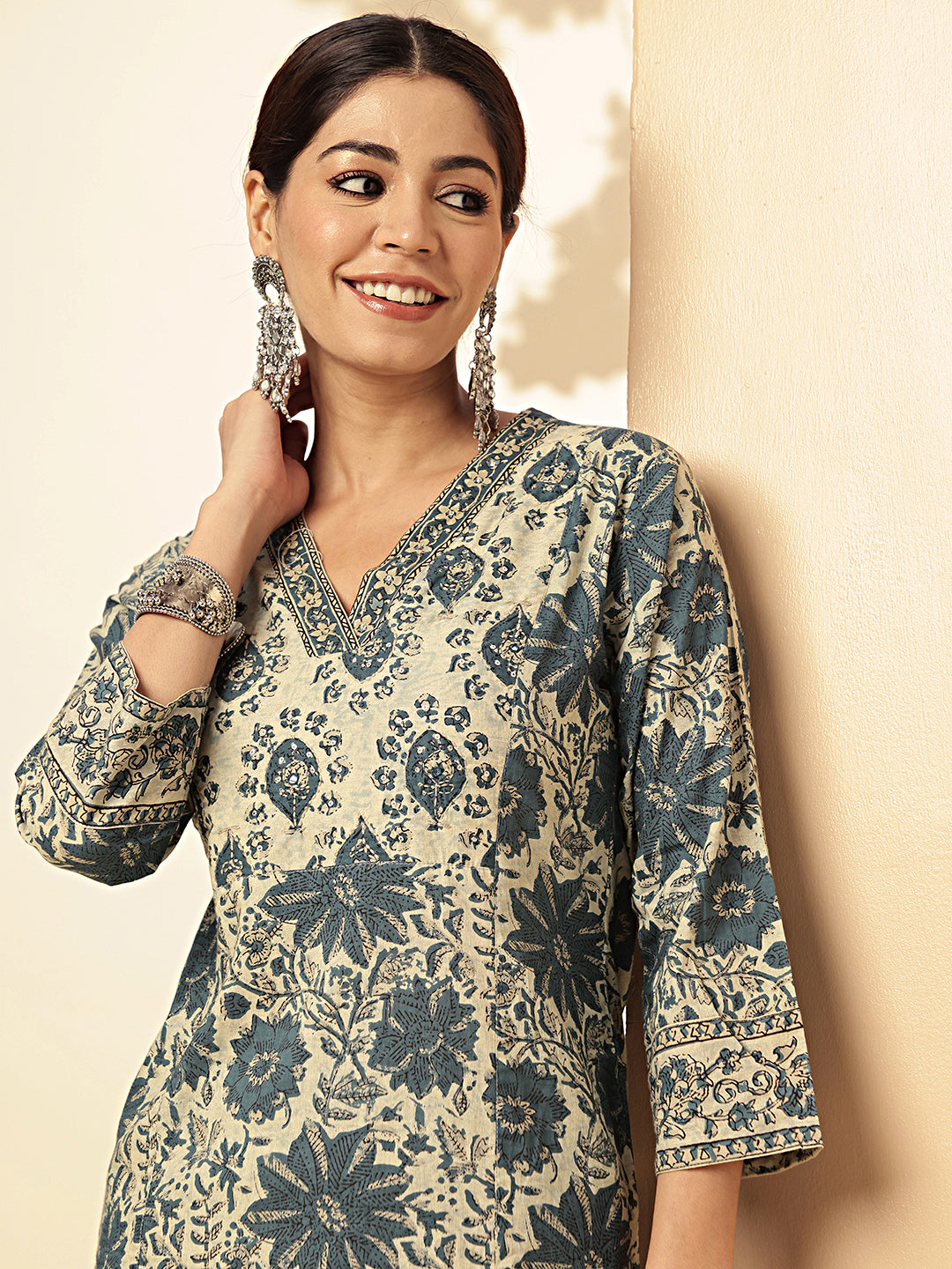 Aqua Blue Floral Printed Straight Cotton Stitched Kurta Set