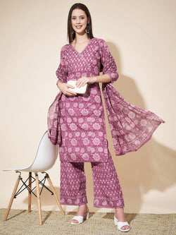 Dark-Pink Printed Straight Cotton Kurta Set