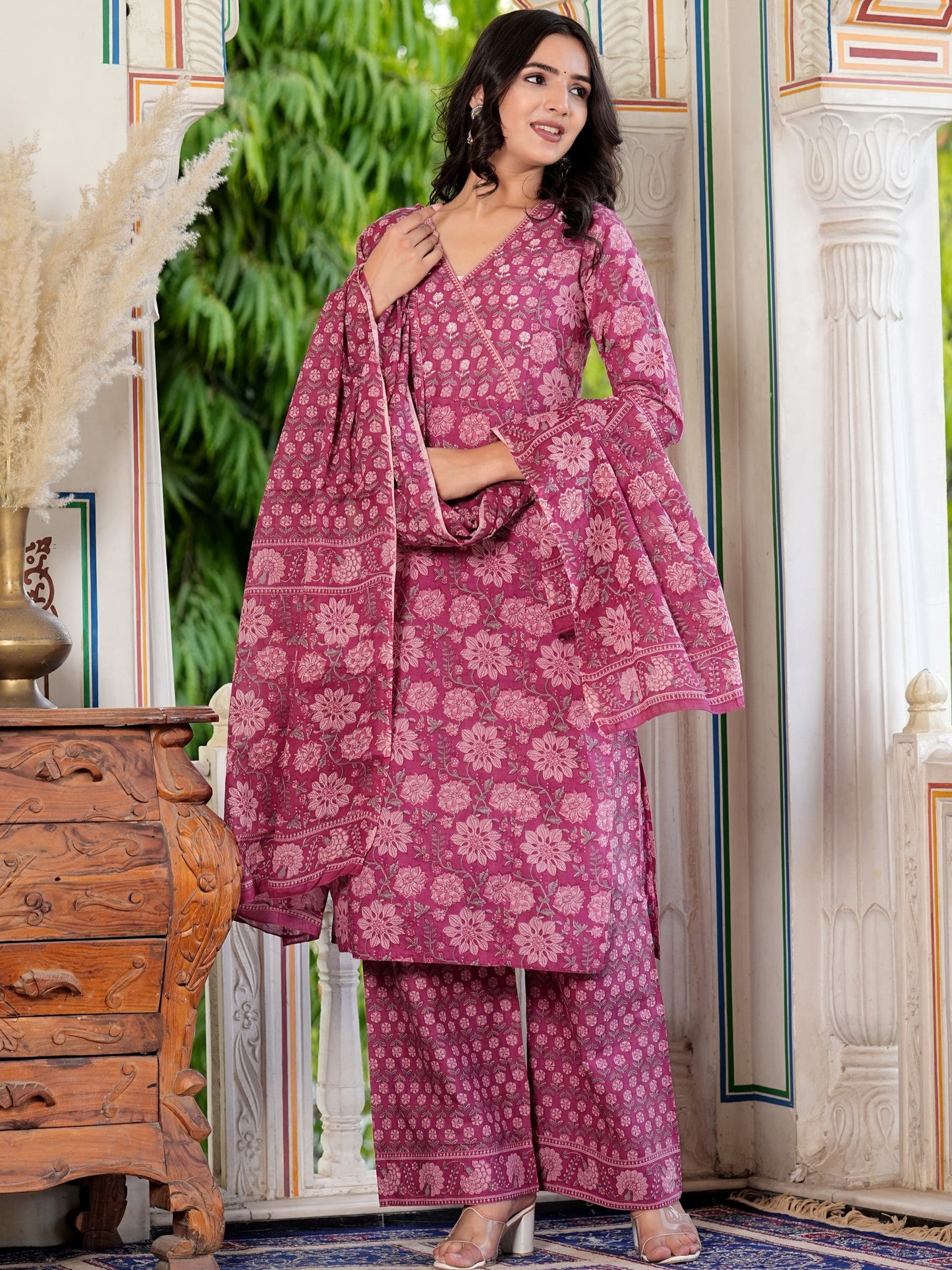 Dark Pink Floral Printed Straight Cotton Kurta Set