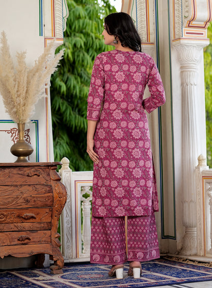 Dark Pink Floral Printed Straight Cotton Kurta Set