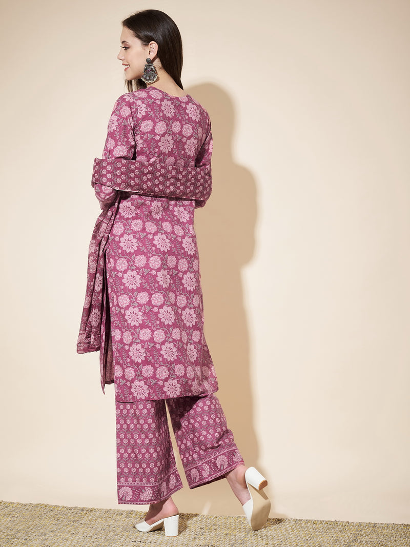 Dark-Pink Printed Straight Cotton Kurta Set