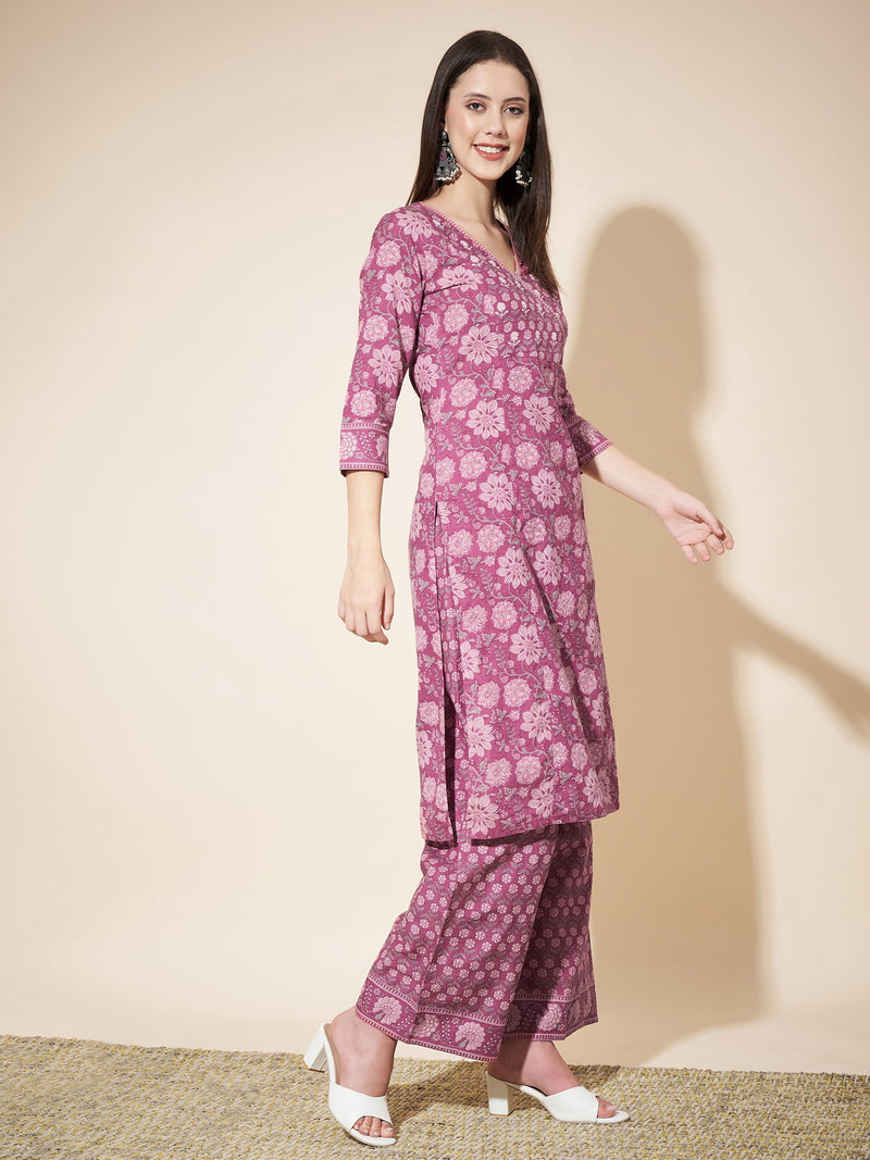 Dark-Pink Printed Straight Cotton Kurta Set